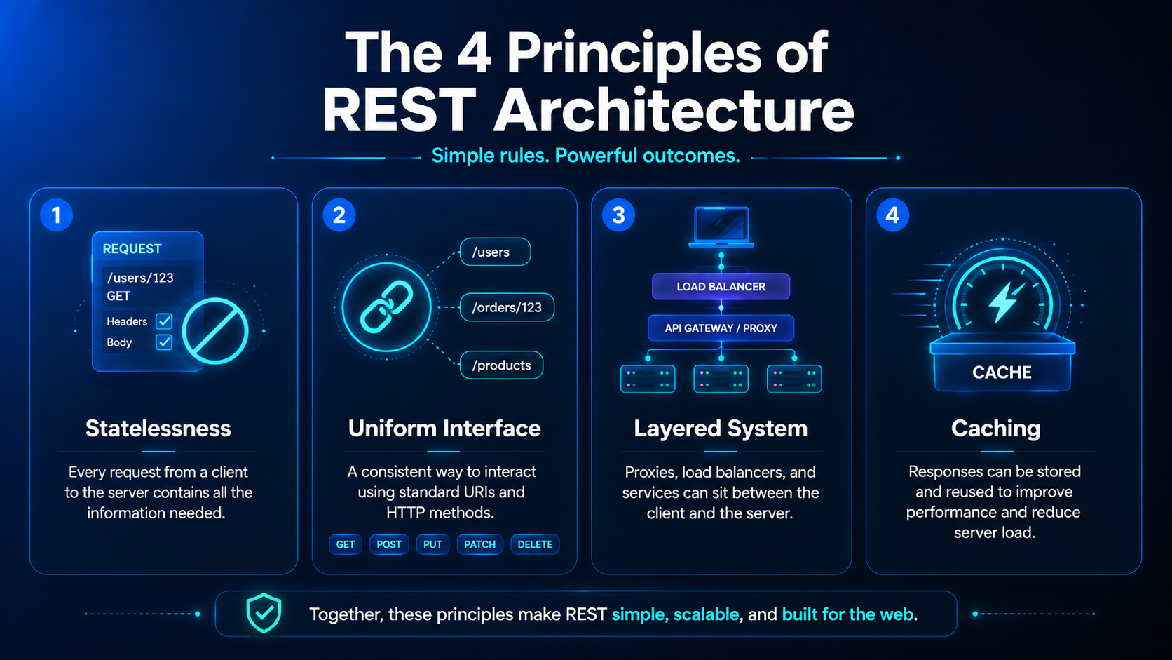 The 4 Principles of REST Architecture — 1. Statelessness: every request contains all information needed; 2. Uniform Interface: consistent URIs and HTTP methods; 3. Layered System: proxies and load balancers between client and server; 4. Caching: responses stored to improve performance