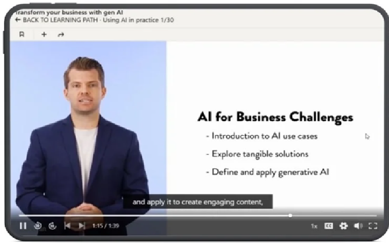 EDU Effective microlearning video lesson — real instructor presenting AI for Business Challenges content on the learning platform, lesson 1 of 30 in the learning path