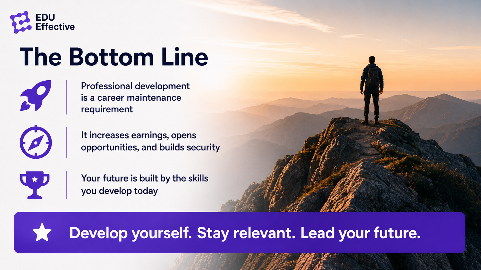 How EDU Effective's microlearning model works — a daily 15-minute block of Daily Tips, a 7 to 12 minute instructor video, and Practical Tips, with thirty blocks forming a module and ten modules completing the ASIC-accredited Effective MBA