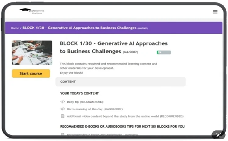 EDU Effective learning platform — daily block screen showing BLOCK 1/30: Generative AI Approaches to Business Challenges, with required microlearning lesson and recommended daily tips