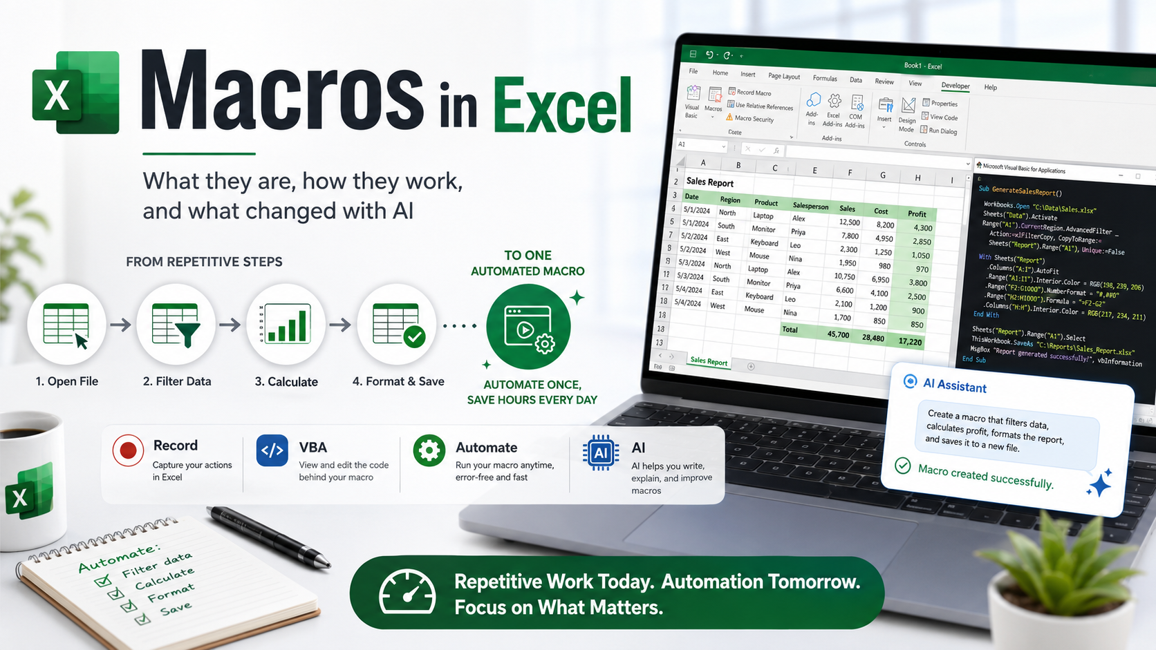 What an Excel macro is — a saved sequence of spreadsheet actions that runs automatically