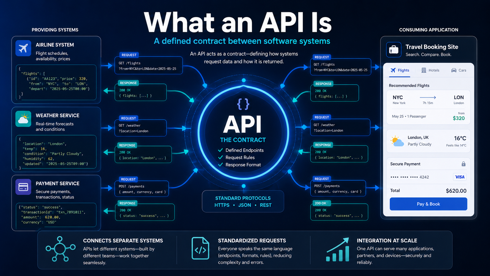 What an API Is — a defined contract between software systems: Airline System, Weather Service, and Payment Service all connect via standardised HTTP requests and responses to a consuming Travel Booking Site application