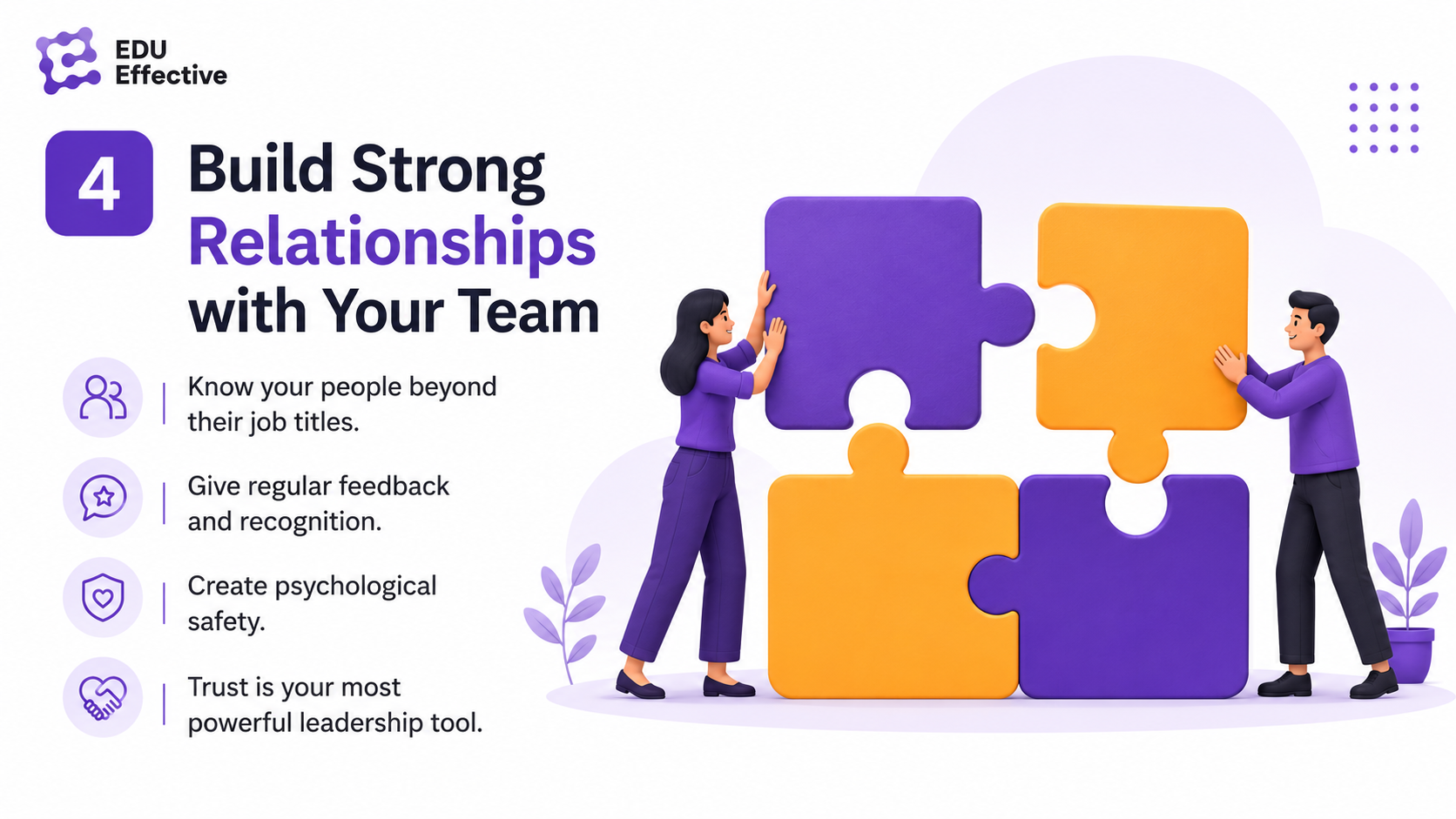 Build strong relationships with your team: know your people beyond their job titles, give regular feedback and recognition, create psychological safety, and trust your most powerful leadership tool