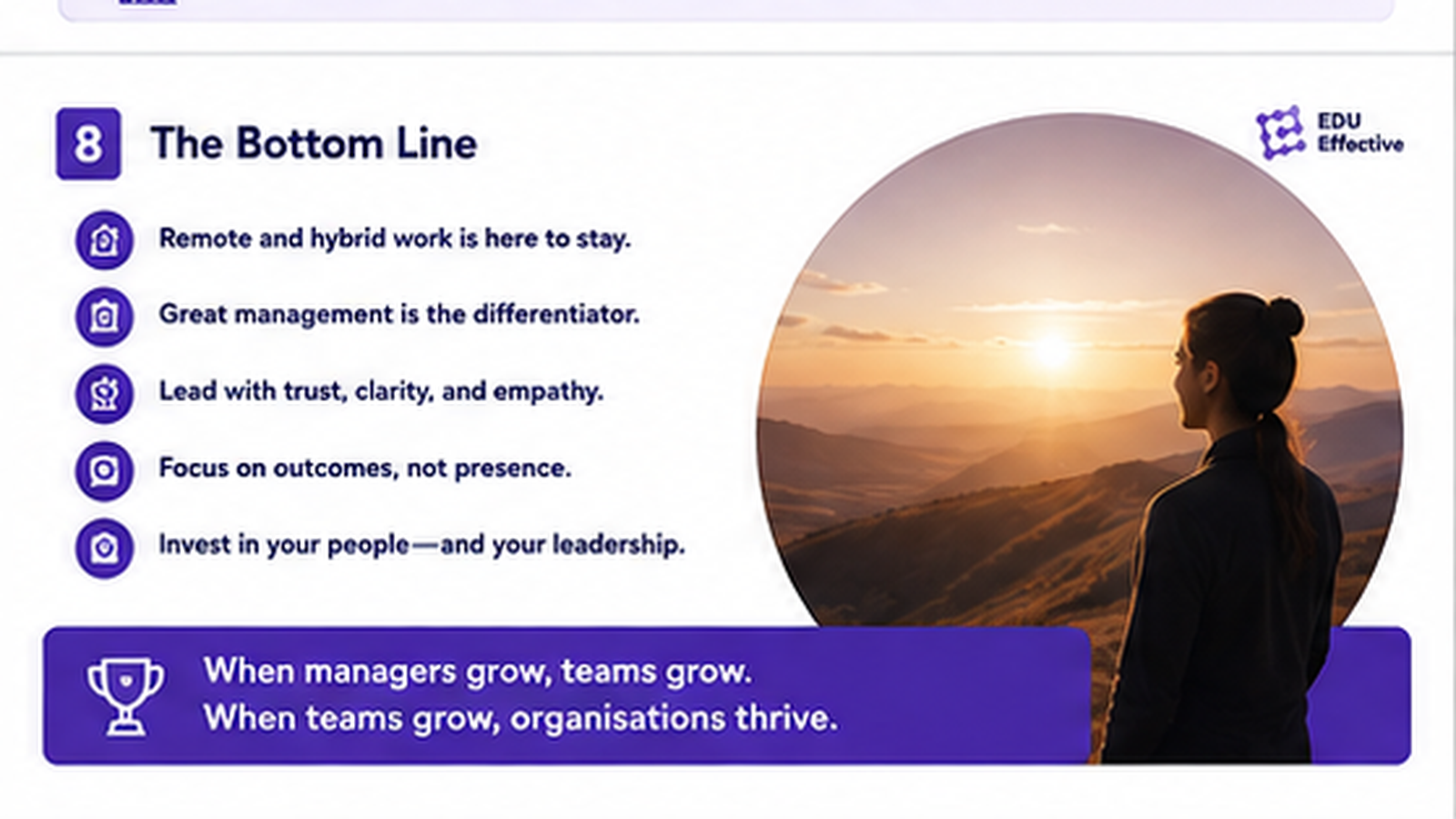 The bottom line for managers of remote and hybrid teams in 2026 — distributed team management is a learnable skill set built on outcomes-based management, deliberate trust-building behaviours, async-first communication norms, structured one-to-ones and active proximity-bias management