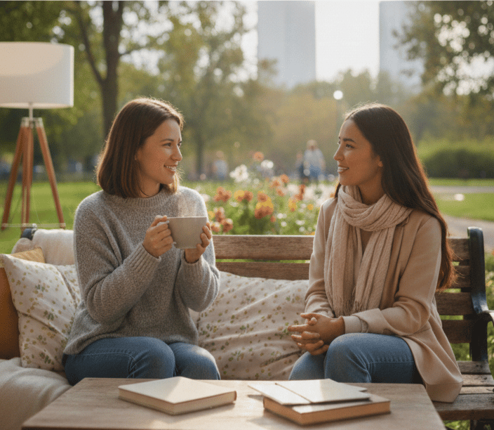 Two friends having a warm conversation over coffee