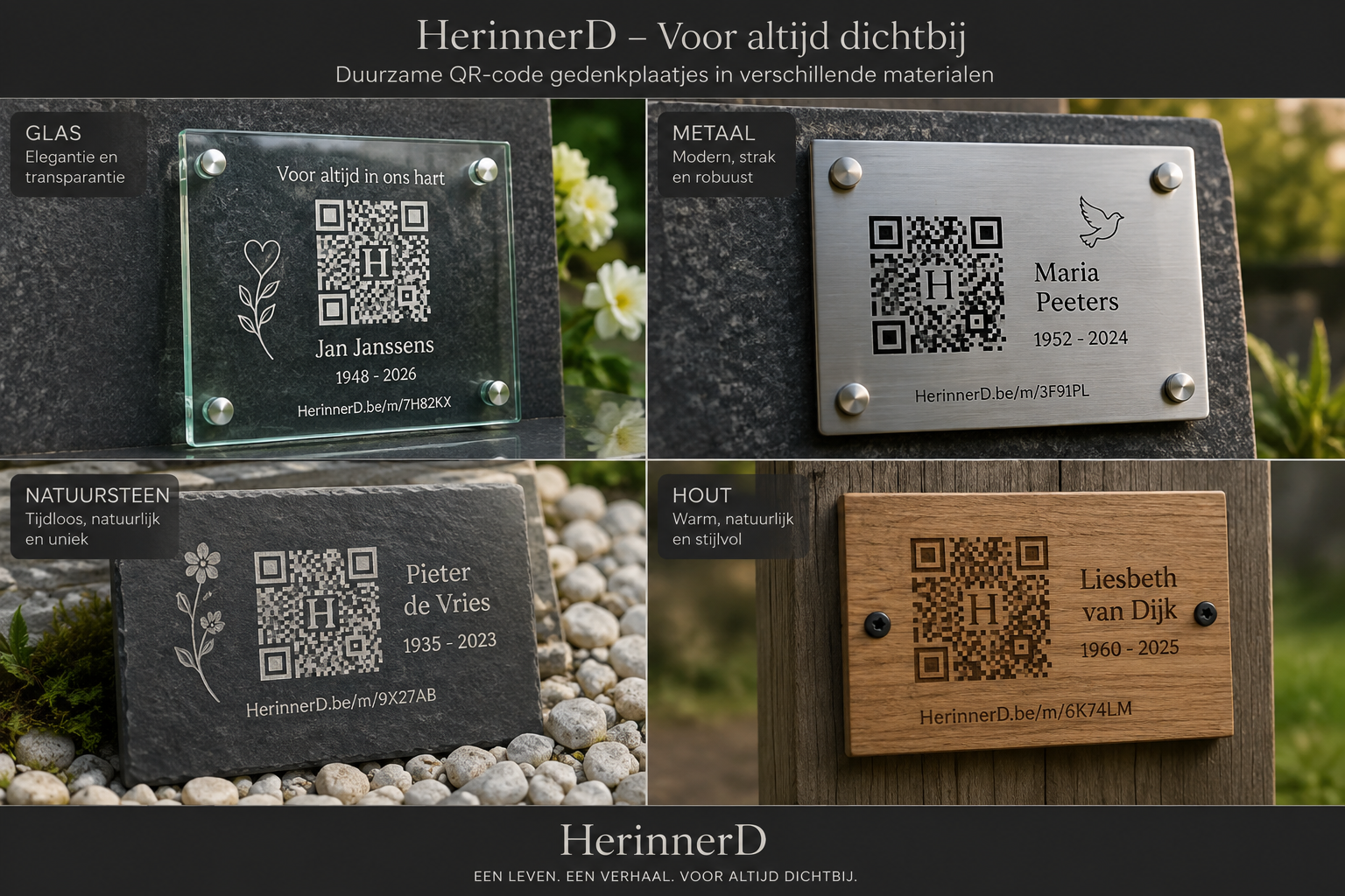 Vier ontwerpvoorbeelden van QR-gedenkplaten in glas, metaal, natuursteen en hout