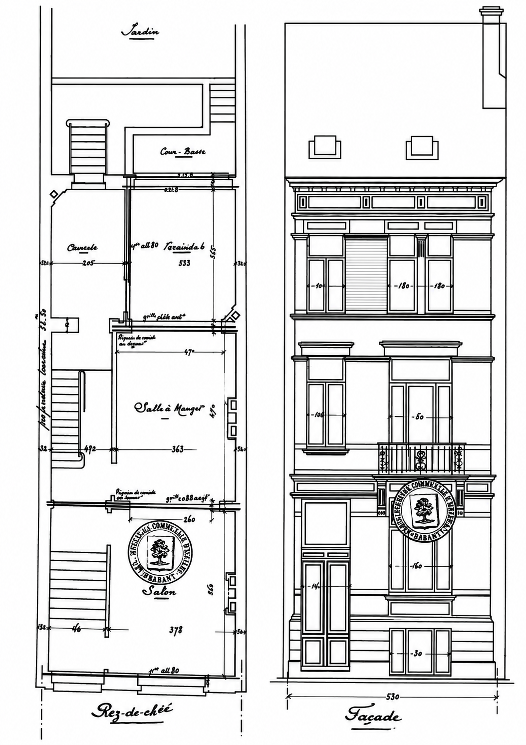 Architectural facade drawing of the CRONOTOPE townhouse, showing its five levels and garden orientation