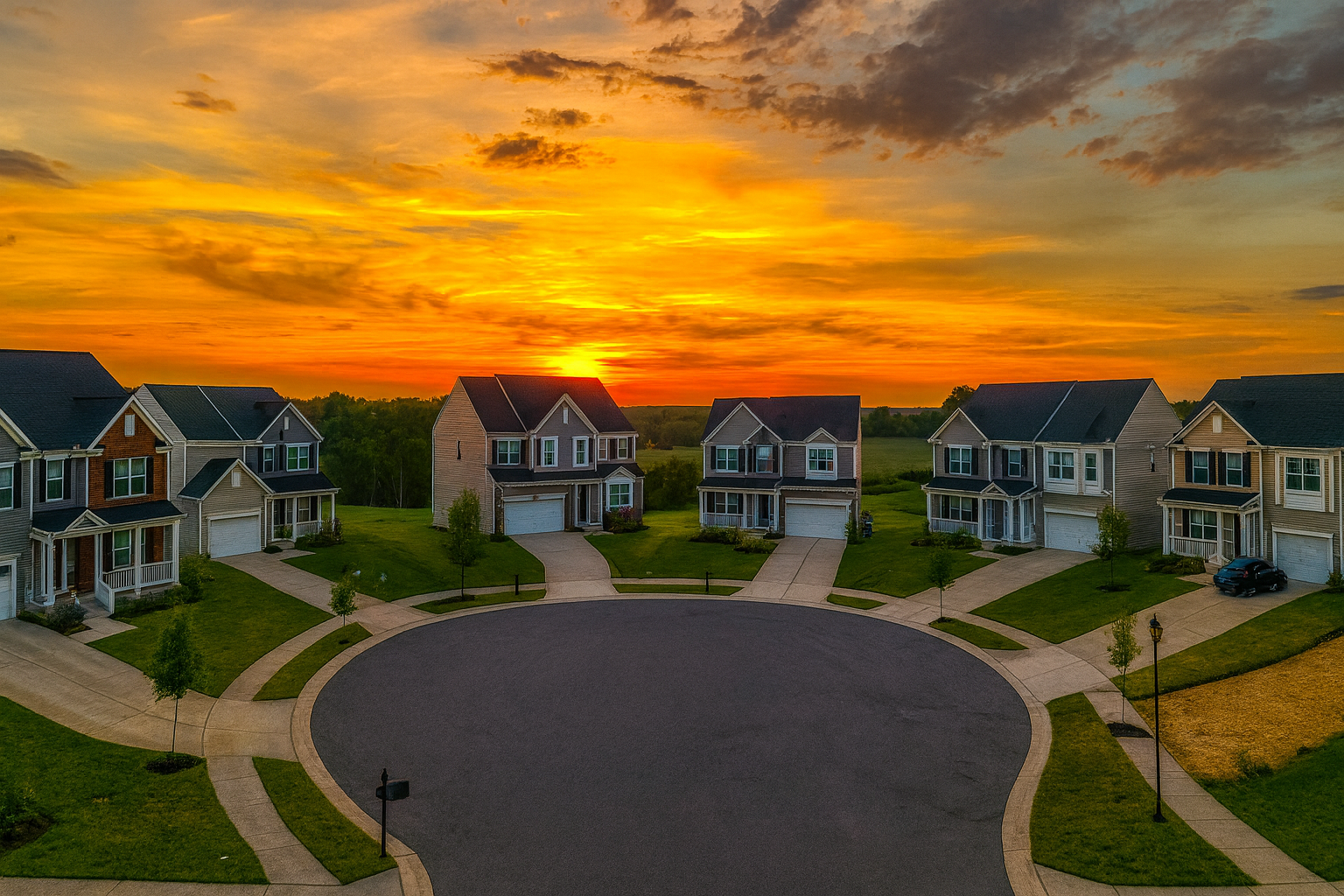 Residential neighborhood at sunset
