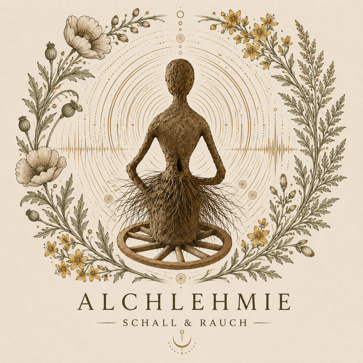 Alchlehmie Logo: Lehmfigur auf einem Wagenrad, umrahmt von Mohn, Johanniskraut und Beifuß