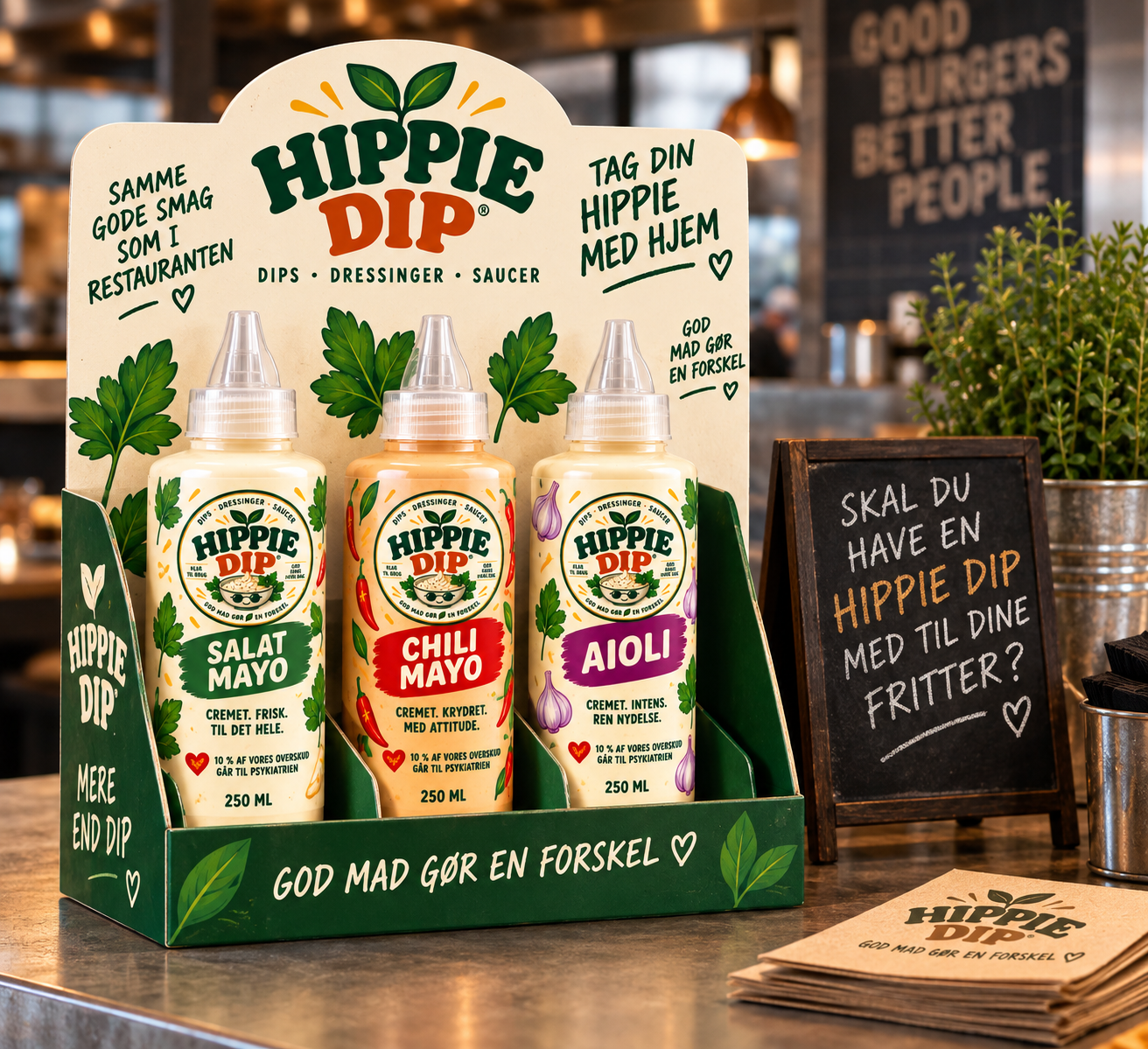 Hippie Dip Take Home-display ved restaurantkassen