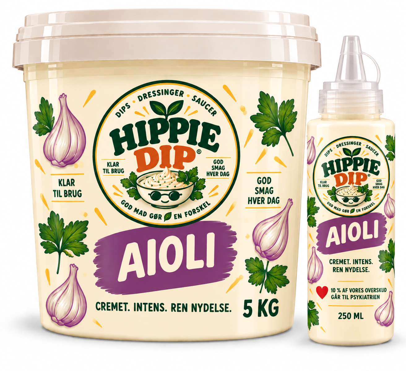 Hippie Dip Aioli i 5 kg køkkenspand og 250 ml Take Home-flaske