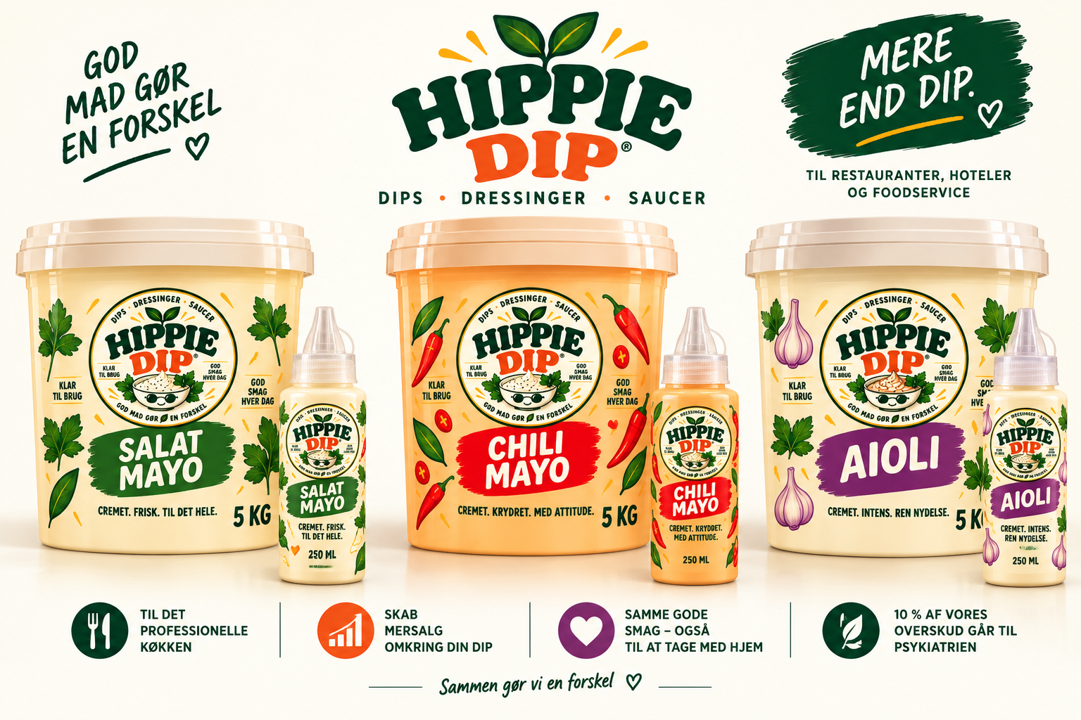 Hippie Dip-sortimentet med 5 kg køkkenspande og 250 ml Take Home-flasker