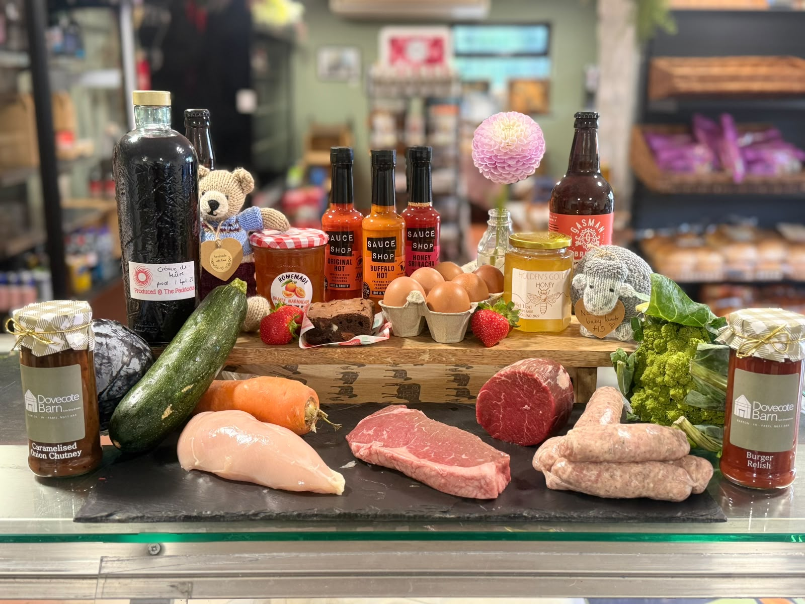 Local sauces, jams, honey, eggs and fresh produce in the farm shop