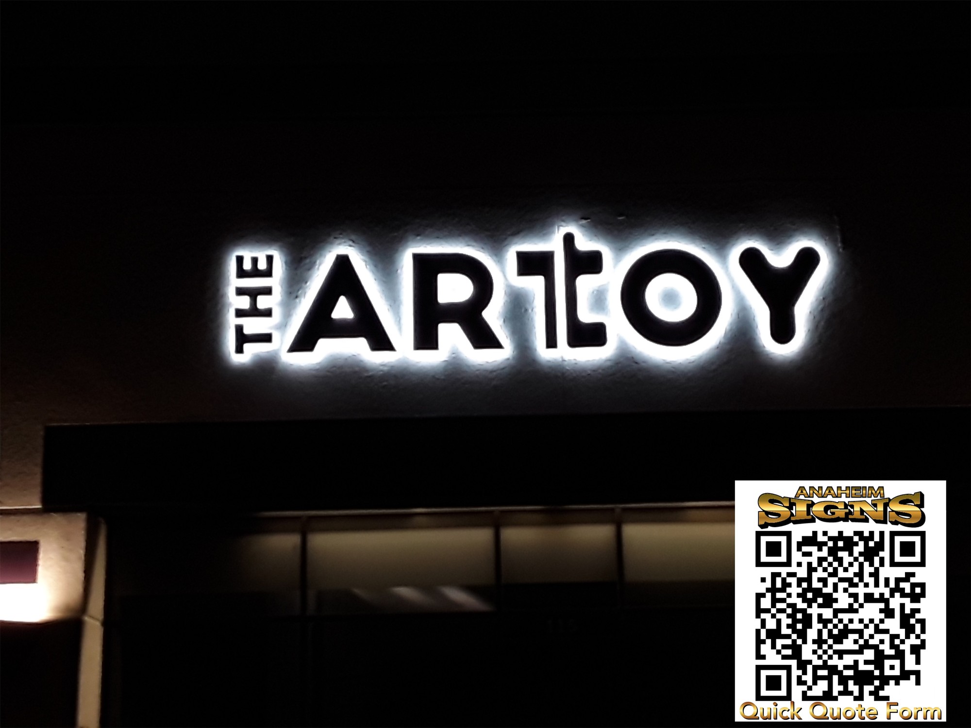 Halo-lit channel letters for The ArtToy at night, Anaheim Hills CA