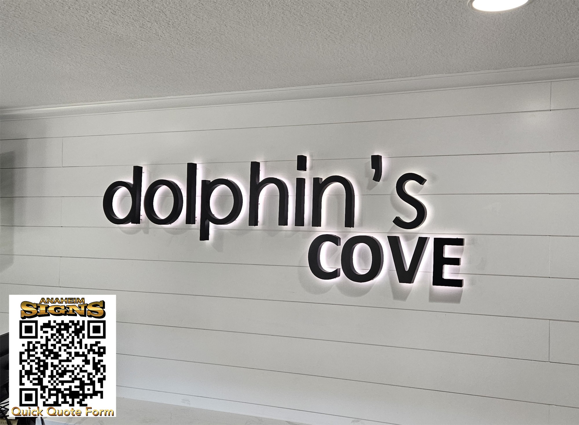 Halo-lit interior lobby sign for Dolphin's Cove, Anaheim CA