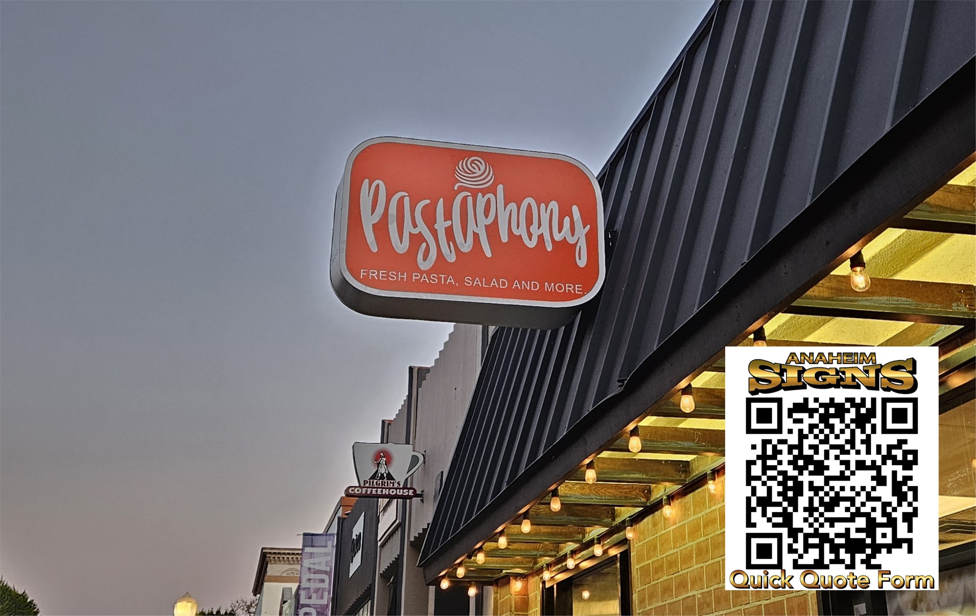 Lighted marquee cabinet sign for Pastaphony restaurant, Fullerton CA