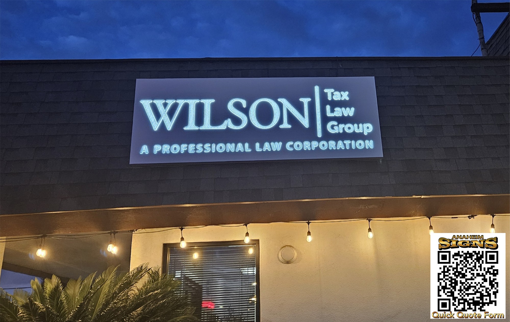 LED lighted wall sign installed for Wilson Tax Law Group, Yorba Linda CA