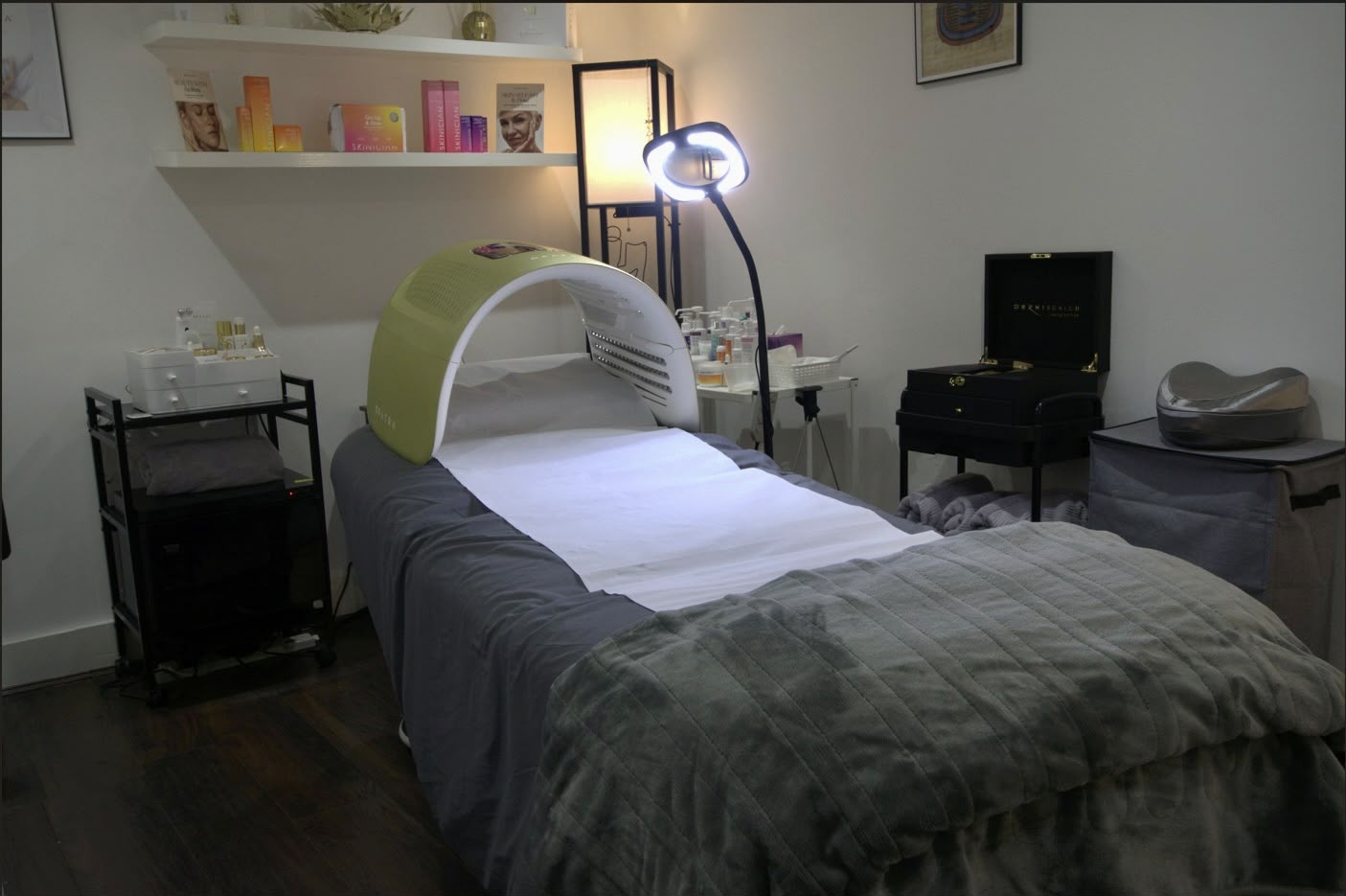 Yves Beauty treatment room with Opatra LED light therapy bed — professional facials in Putney London
