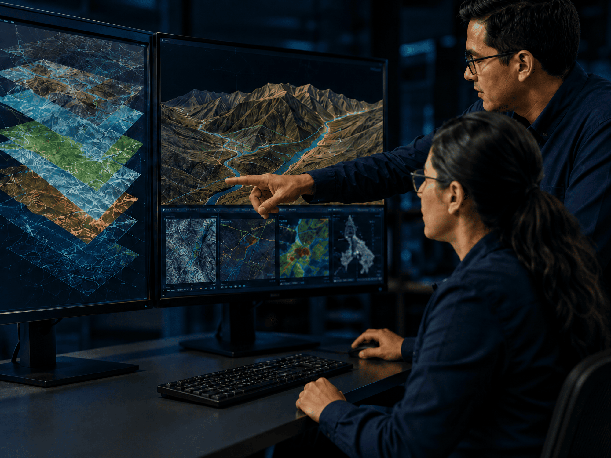 Profesionales analizando capas geográficas, mapas 3D y modelos digitales de elevación en monitores