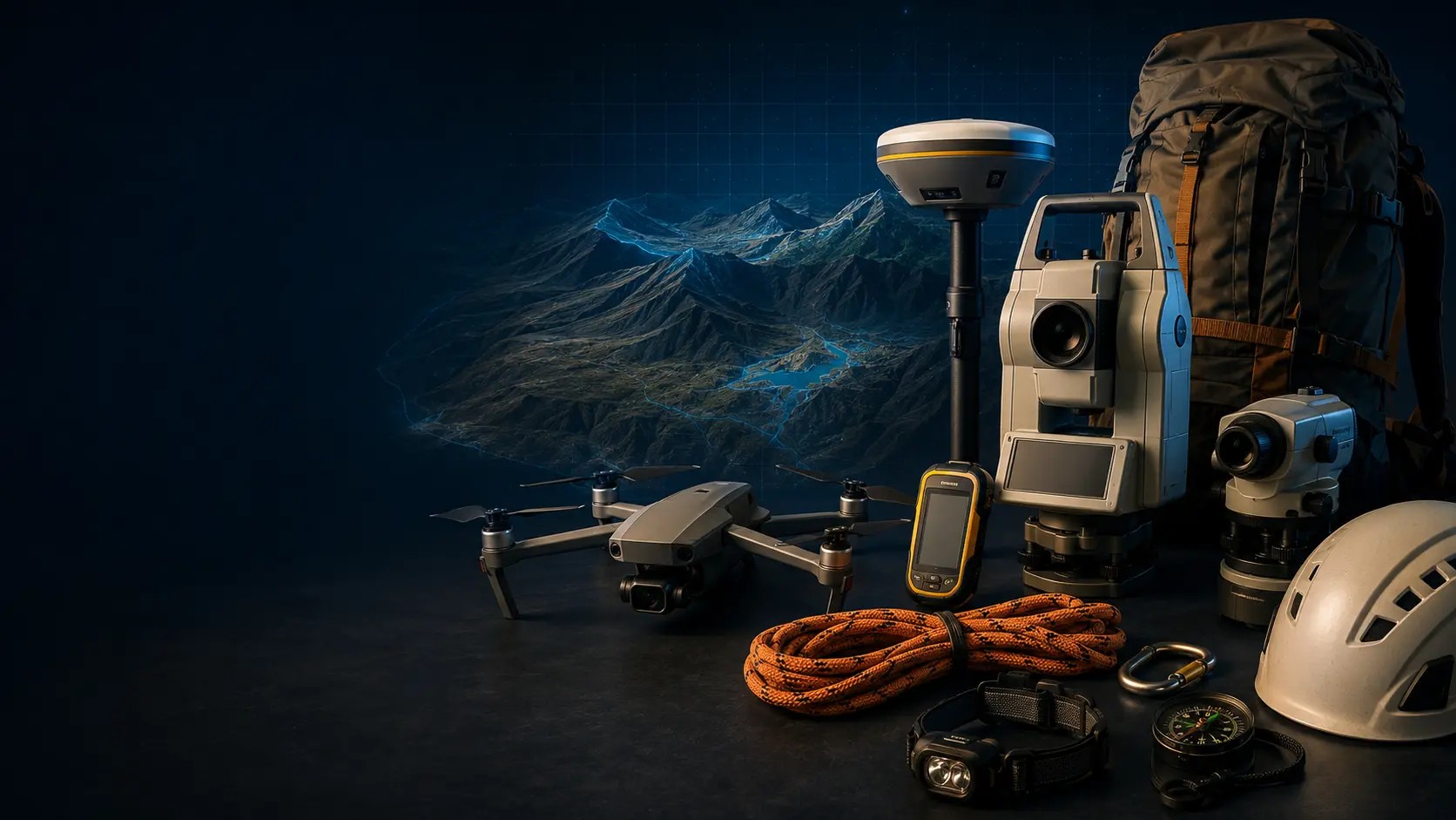 Equipos de medición, dron, GNSS y estación total para trabajo de campo