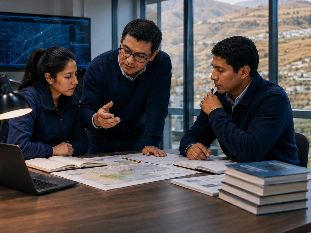 Profesionales reunidos alrededor de una mesa analizando mapas impresos, laptops y libros