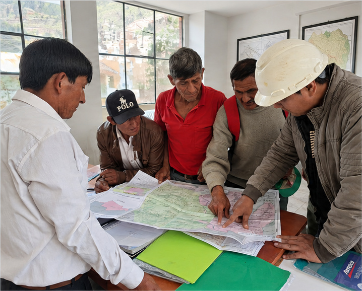 Equipo técnico revisando mapas y documentación territorial en una mesa de trabajo