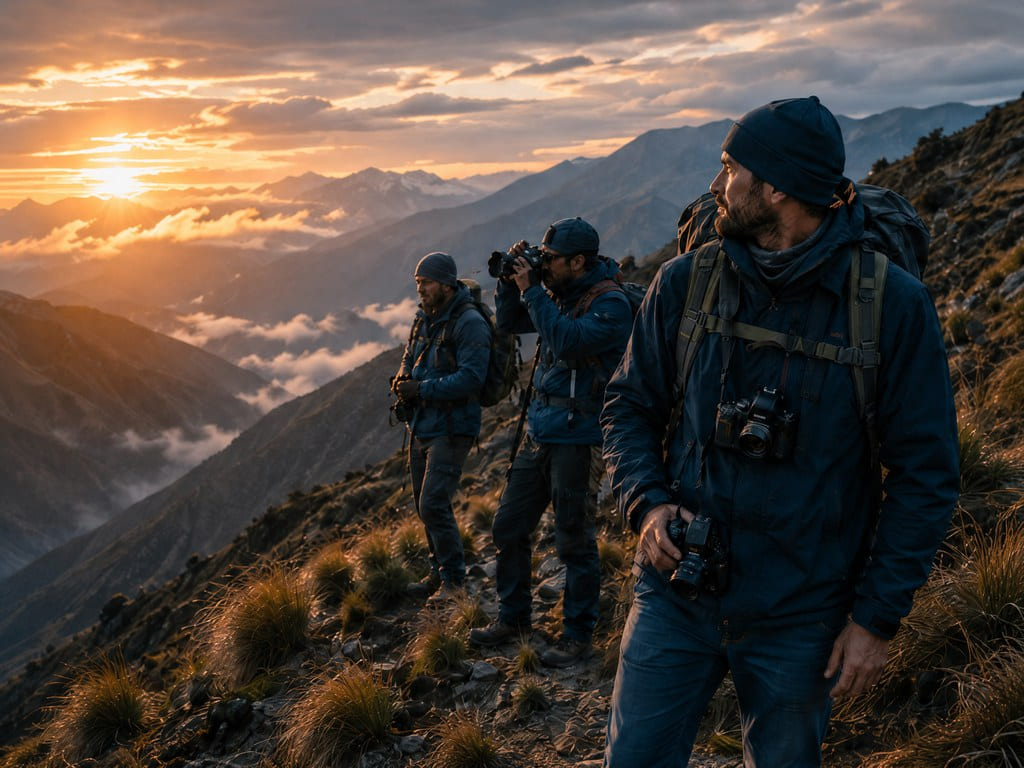 Tres exploradores y fotógrafos con mochilas de montaña contemplando un paisaje al atardecer