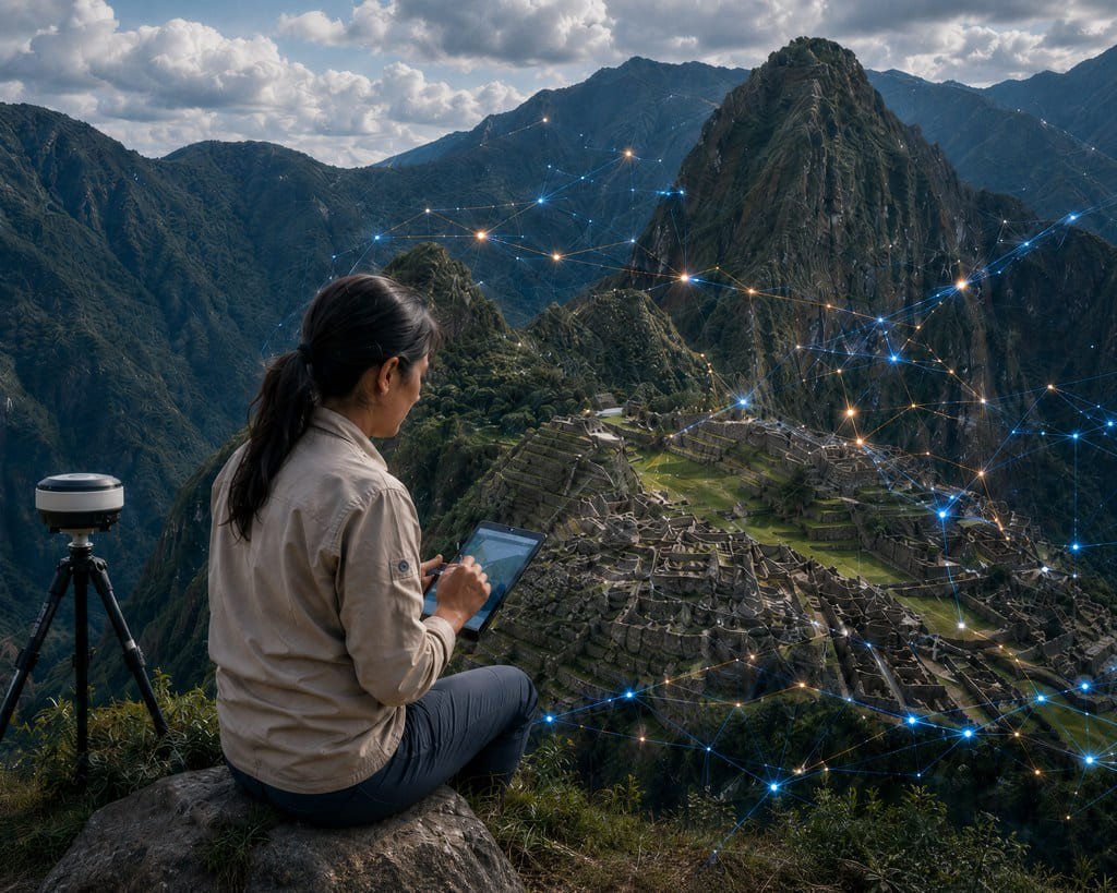 Especialista con tableta observando un sitio arqueológico andino y una red territorial vectorial
