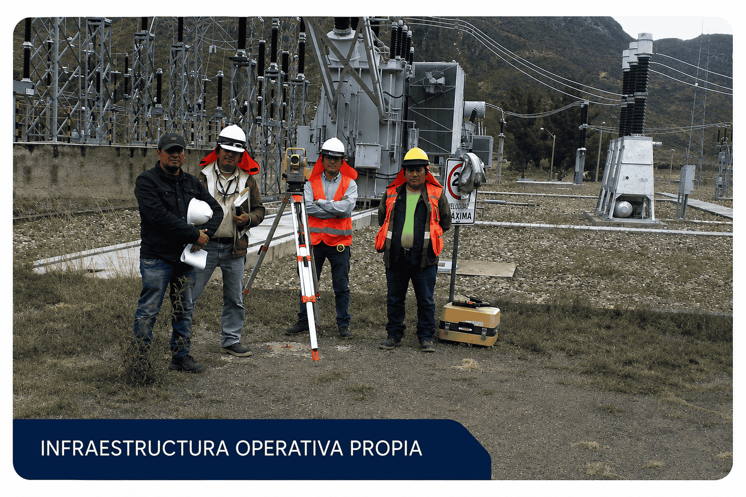 Personal técnico con cascos, chalecos reflectantes y estación total en una subestación eléctrica