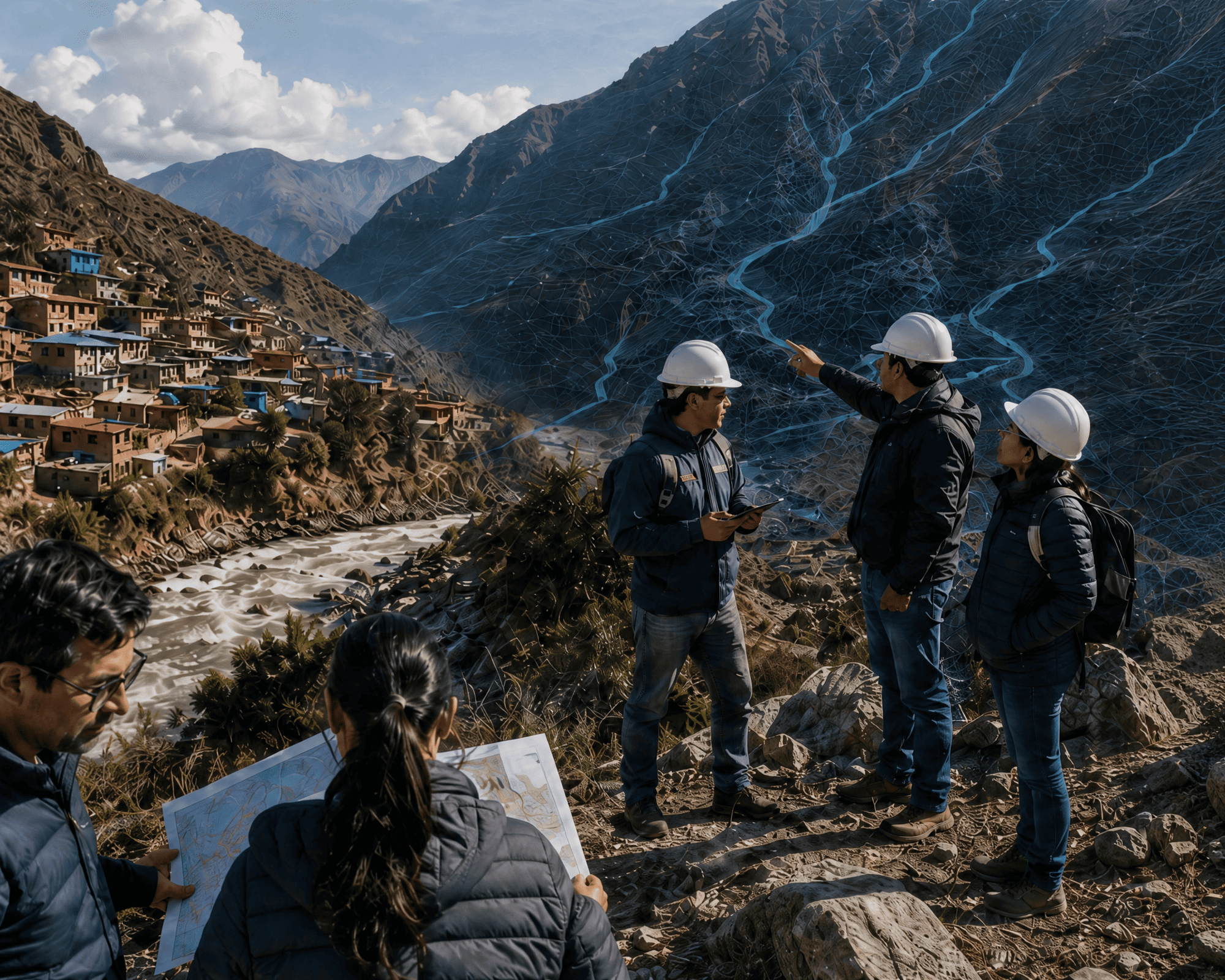 Equipo de campo en zona de montaña junto a asentamiento y río con capas de red de riesgo GIS de color azul para la gestión del riesgo de desastres