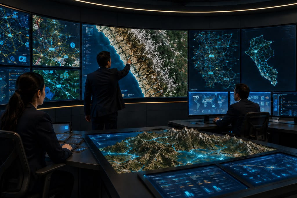 Centro de control GIS con mapas satelitales, redes vectoriales y mesa interactiva de relieve 3D