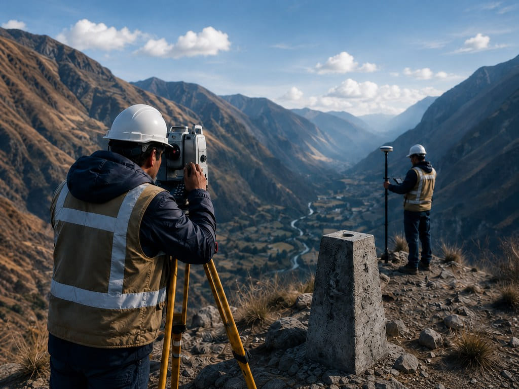 Topógrafos en montaña operando estación total y receptor GNSS junto a un hito geodésico