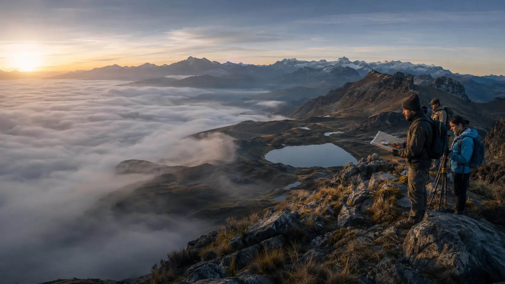 Trabajo de campo con drone e instrumentos para turismo y expedición