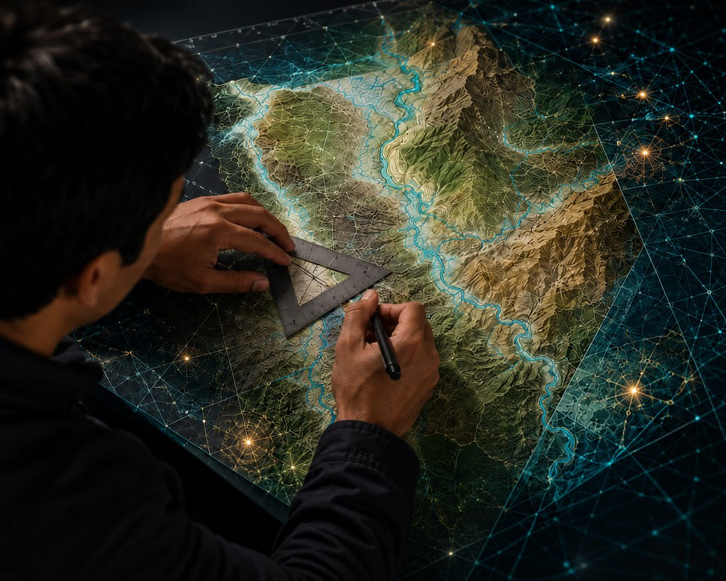 Especialista elaborando cartografía sobre un relieve topográfico digital con escuadra y trazados espaciales