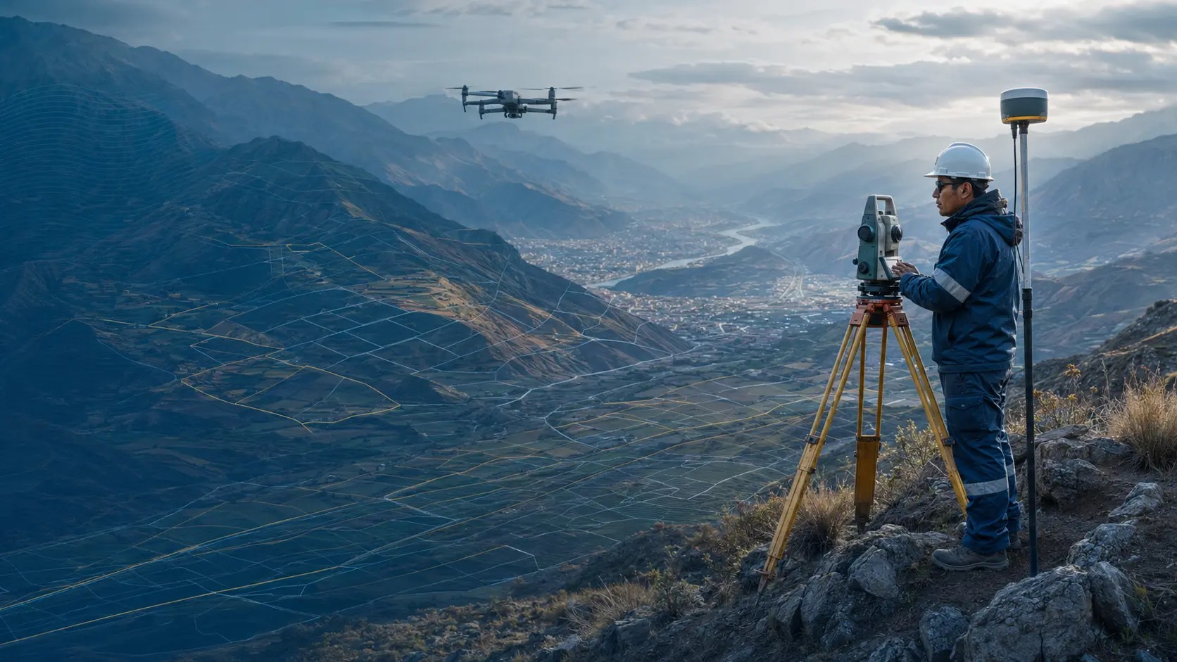 Equipo técnico de medición y cartografía en trabajo de campo de alta montaña