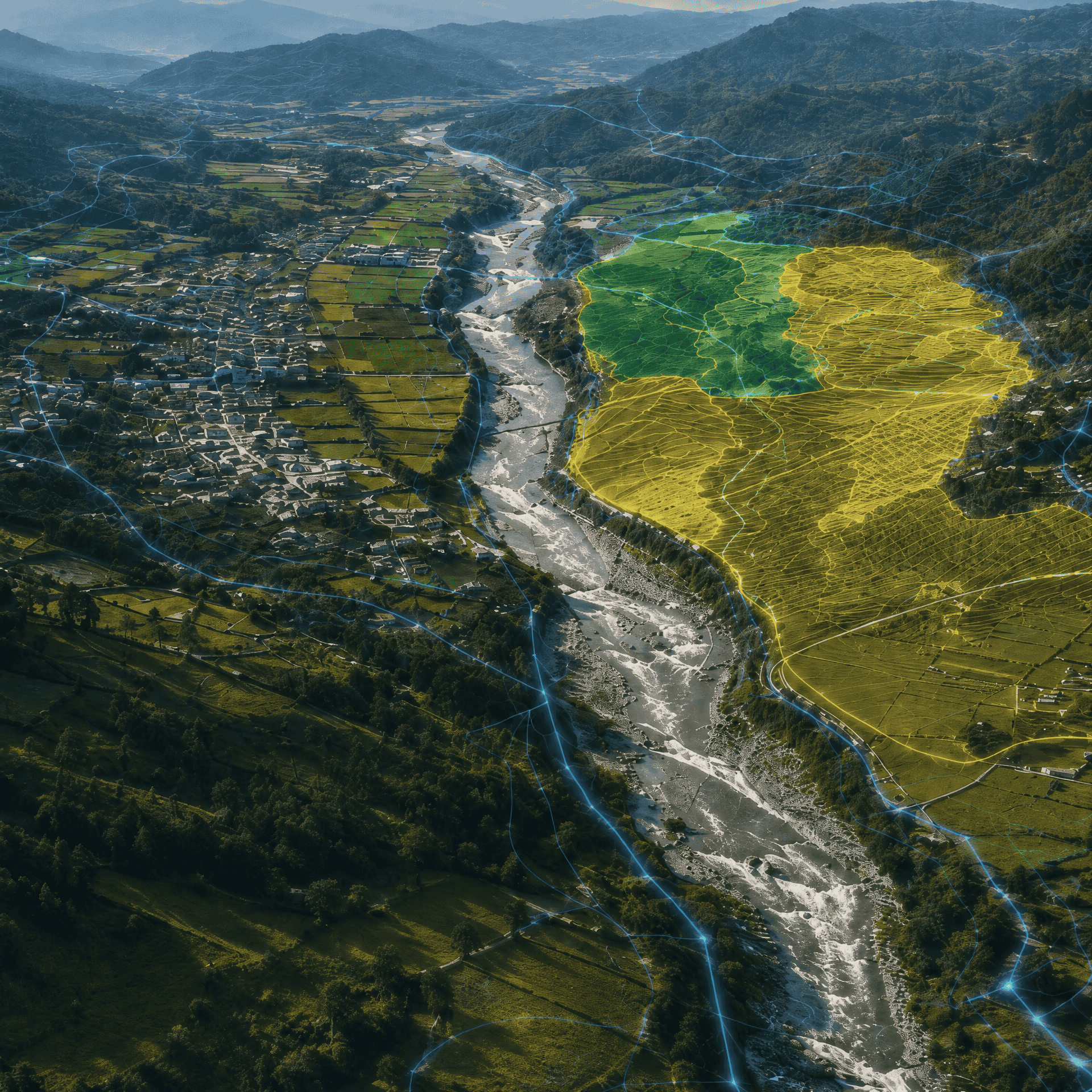 Paisaje agrícola de valle con río y capas de zonificación GIS para ordenamiento territorial