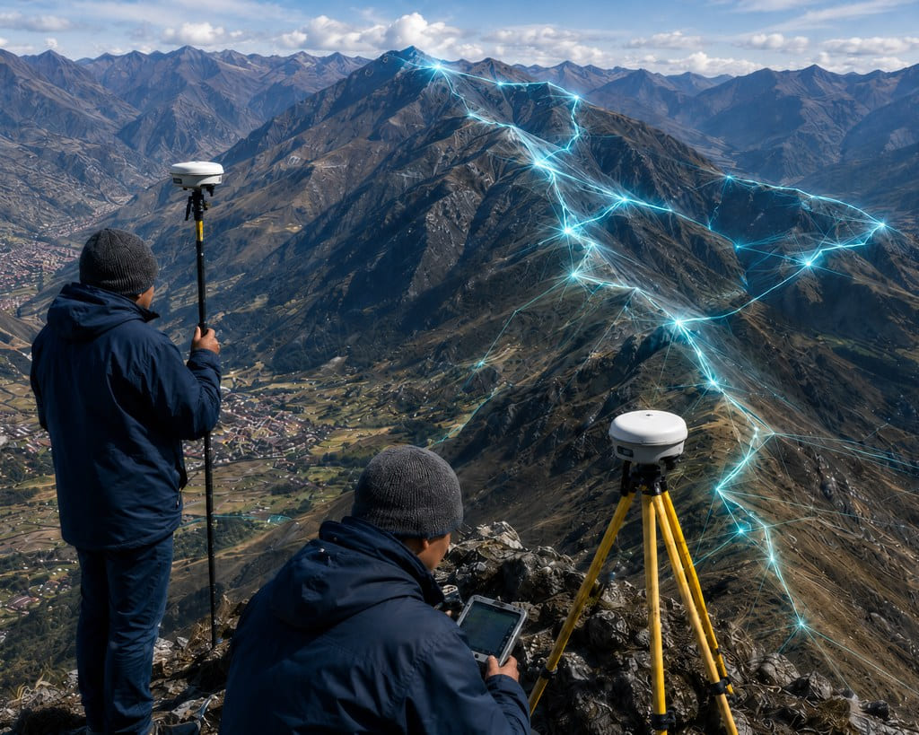 Equipo topográfico de montaña con instrumentos GNSS y red territorial de color azul superpuesta