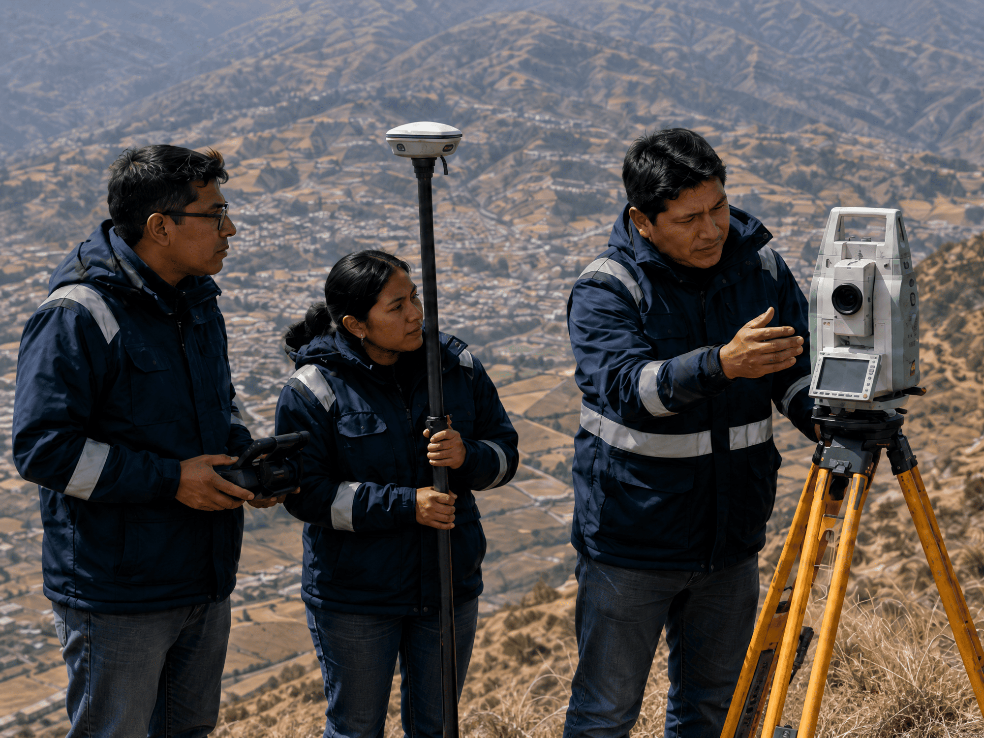 Técnicos en campo operando estación total, receptor GNSS y control de dron en un valle montañoso