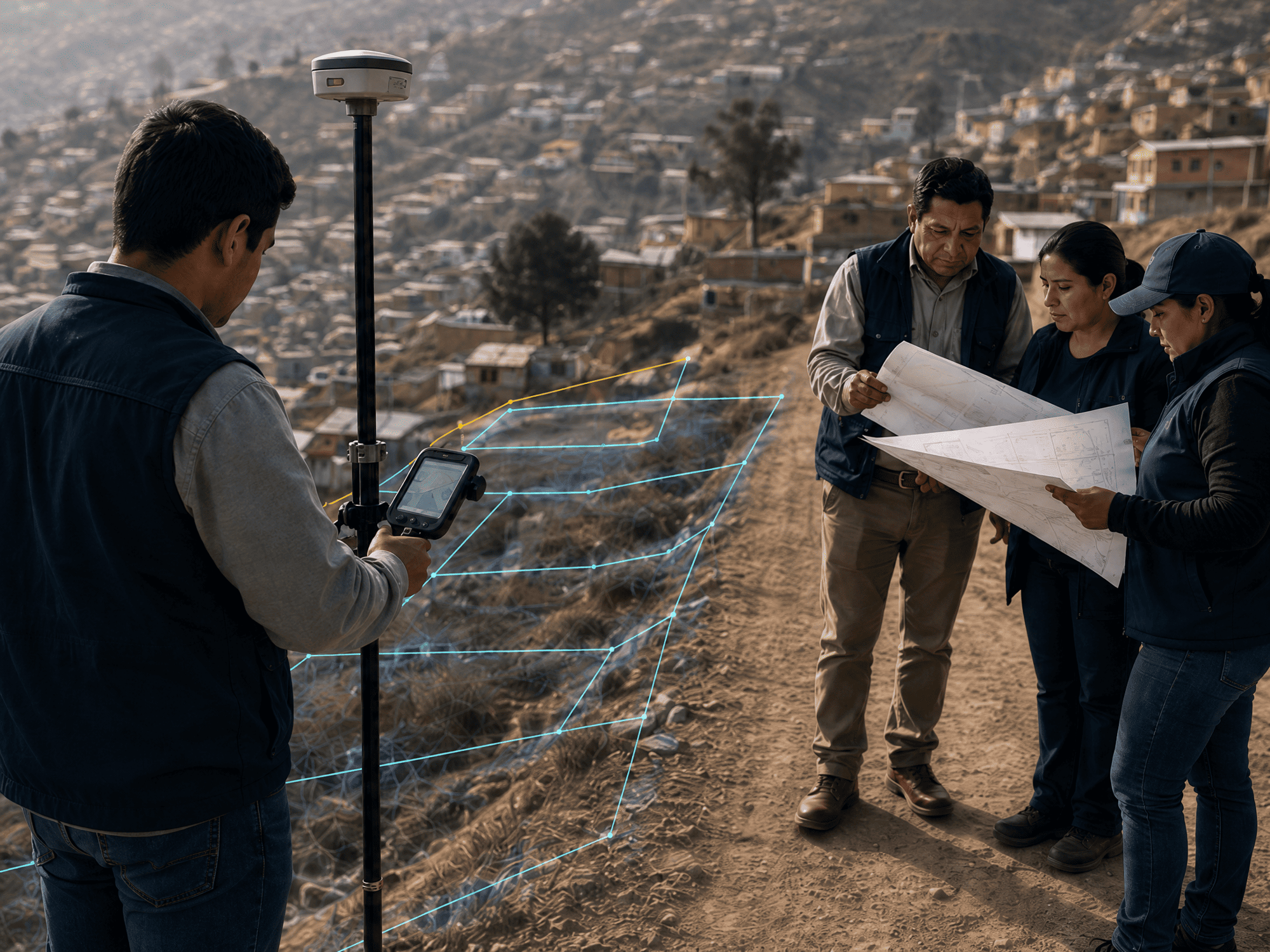 Equipo técnico en campo con receptor GNSS, colector y planos para el saneamiento físico-legal y catastro