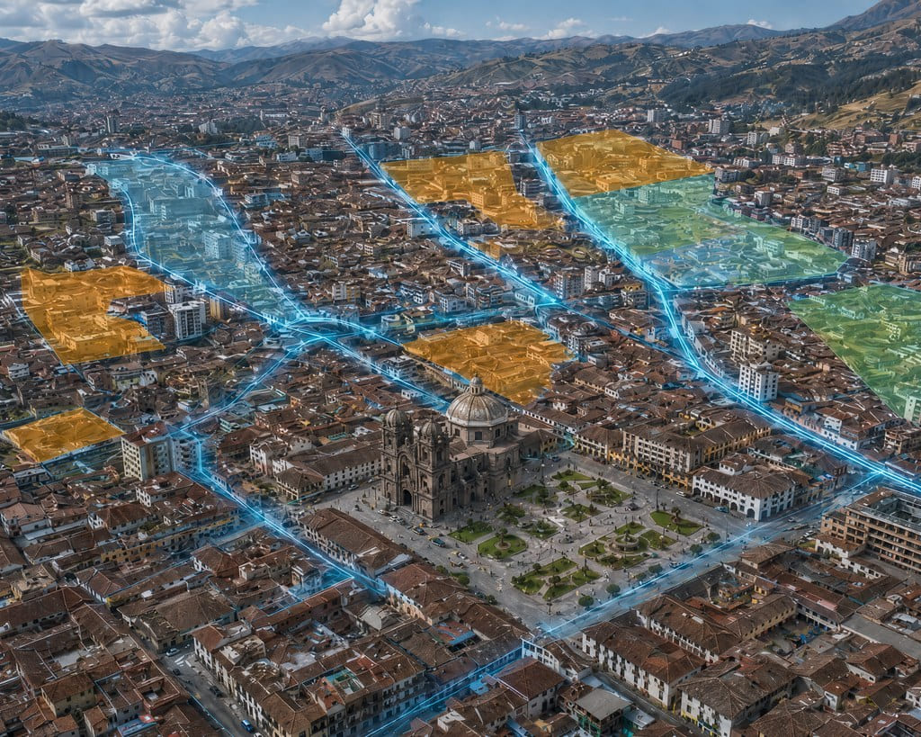 Vista aérea urbana con polígonos de planificación territorial y trazados vectoriales de color azul