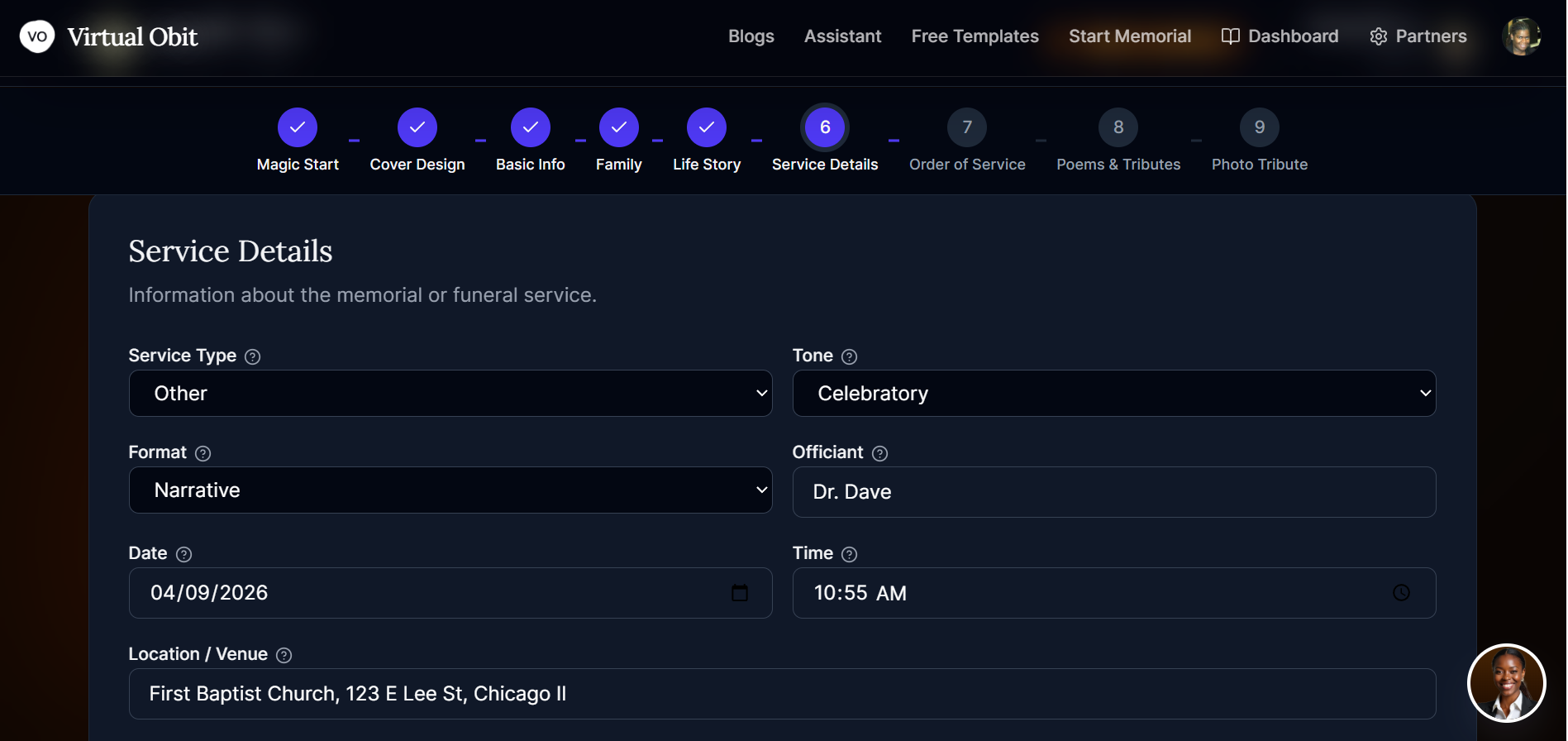 Step 6 – Service details: type, tone, officiant, date, time, and location