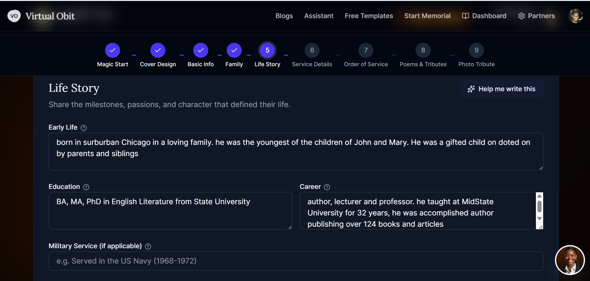 Step 5 – Life story sections: Early Life, Education, Career, Military Service