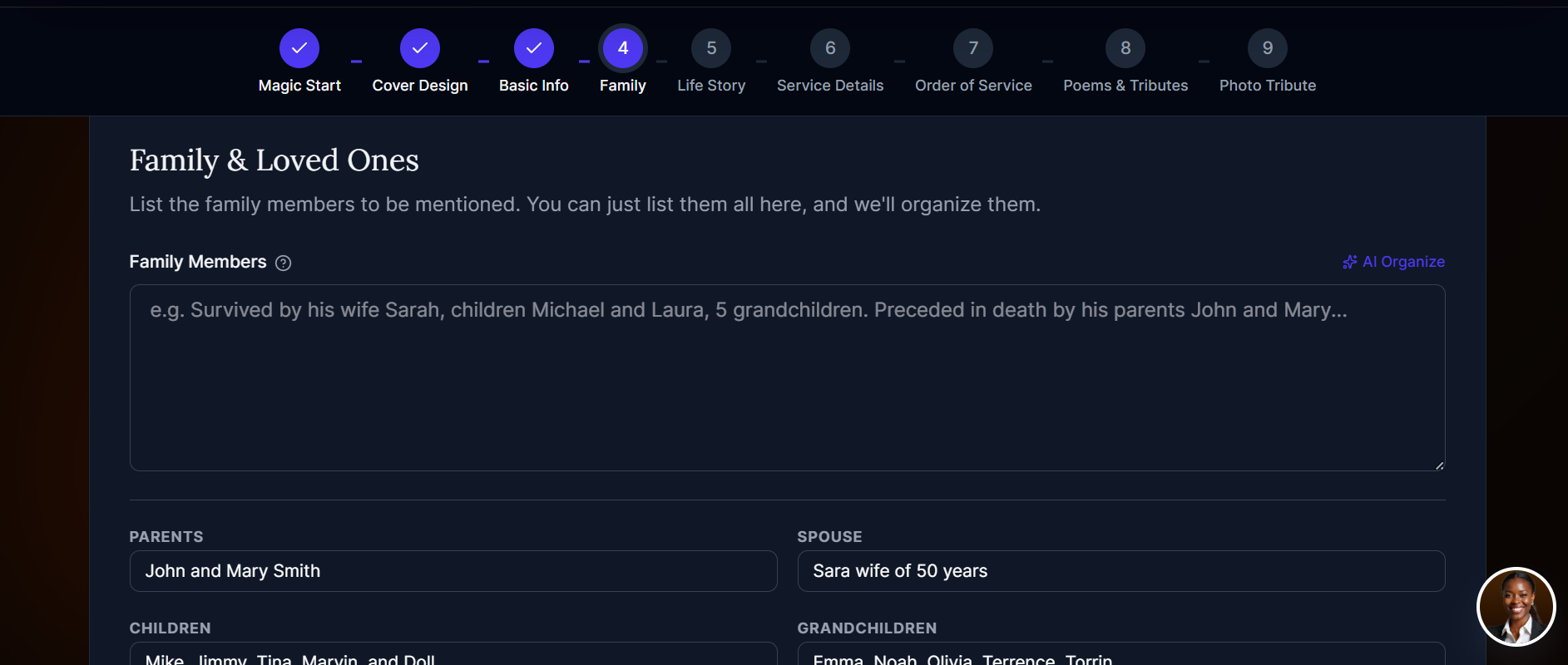 Step 4 – Family and loved ones section