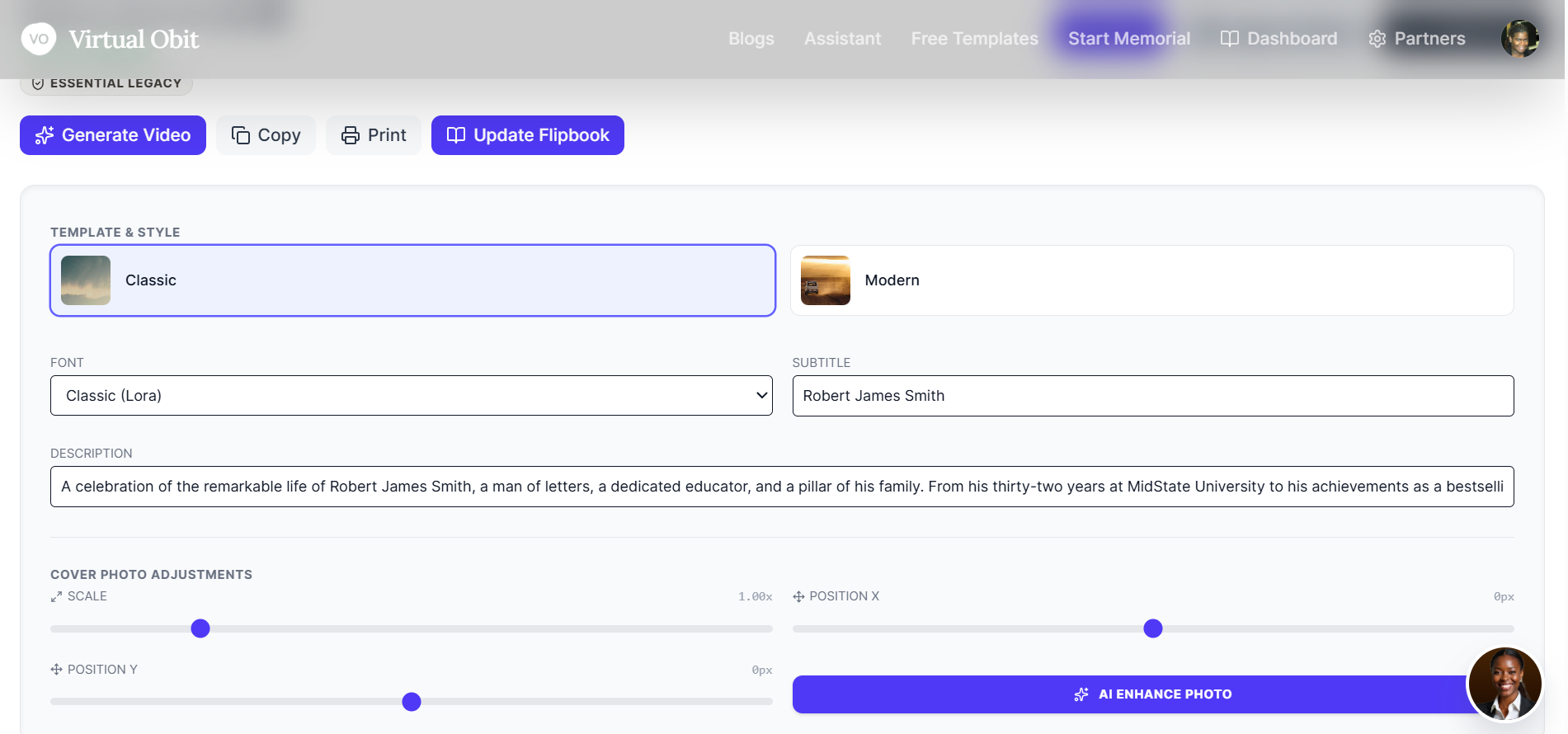 Summary dashboard with tabs for Program, Memorial Card, Products, and Presentation