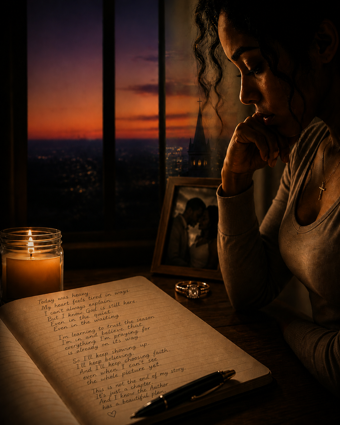 Lena — candlelight, journal open, keeping faith in the waiting