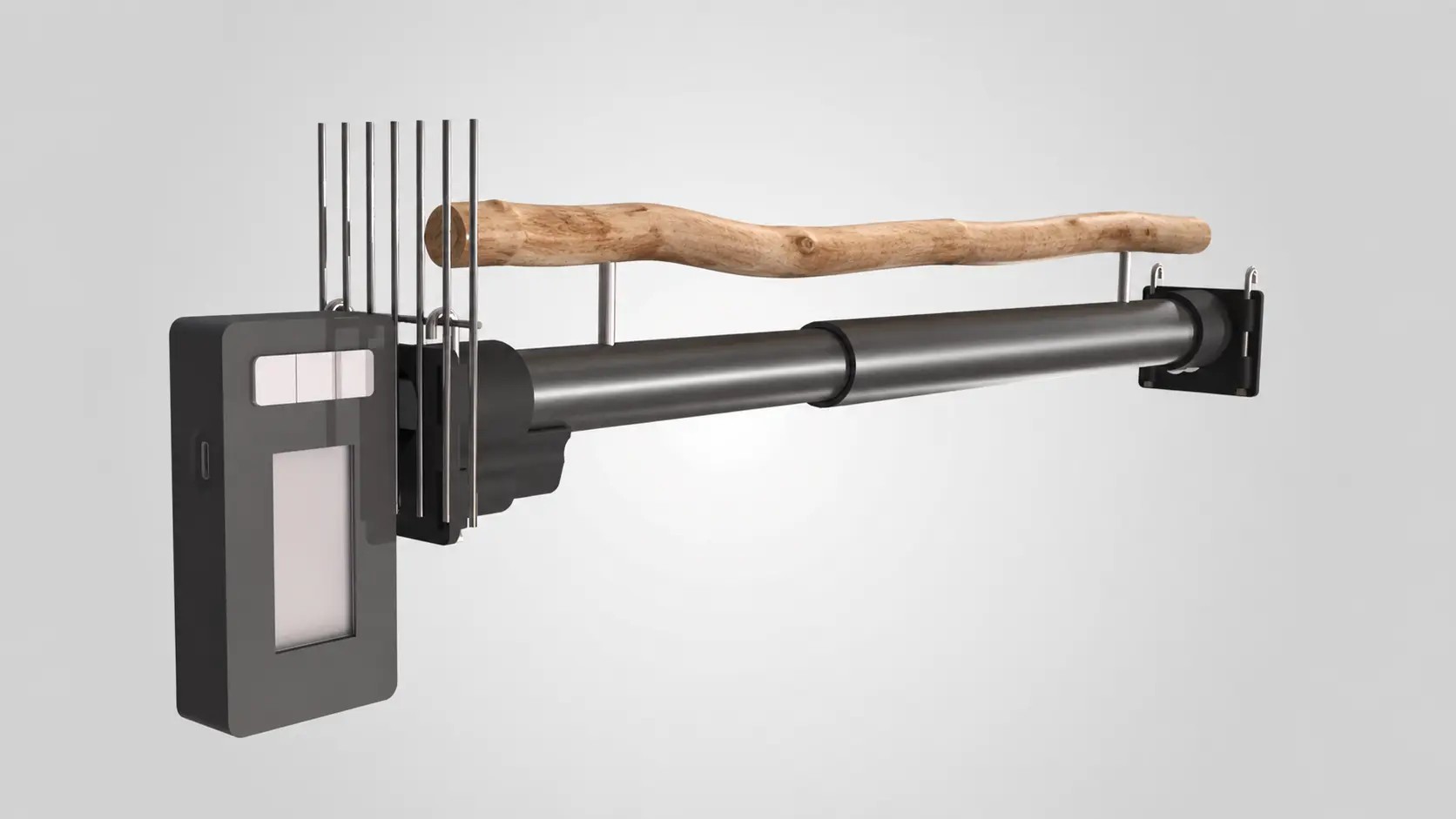 LoroBot concept: wooden perch on an aluminium support with two load cells inside a flat-top cage. The outdoor unit with an e-ink display is connected through the bars from one side. Visualization of a product in development.