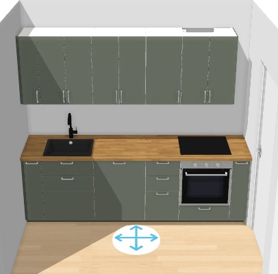 Vizualizace kuchyně IKEA (šedo-zelená + dub) — finální výběr klientky.