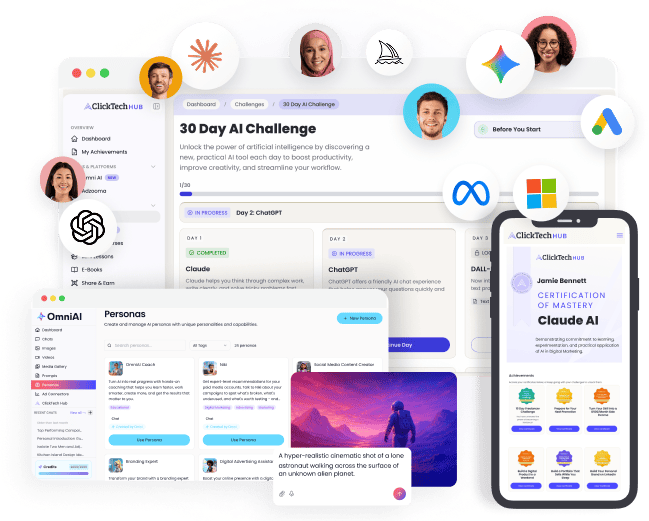ClickTech HUB platform dashboard showing courses, AI tools, and learning paths