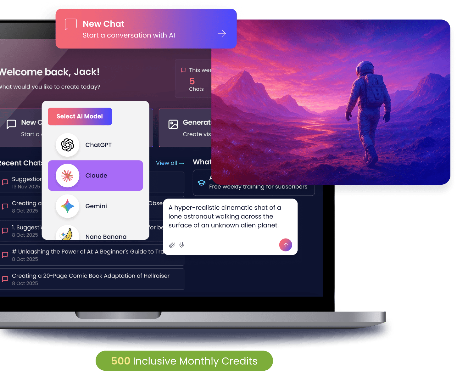 ClickTech HUB desktop interface showing New Chat, Select AI Model dropdown with Nano Banana, and prompt input