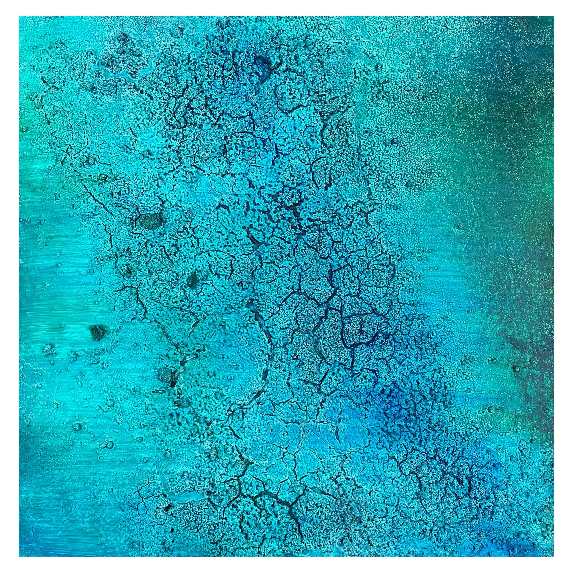 Sea Drift by Simon Hartles. Fire ash, embers, Kaolin, oils & pigments on cradled plywood panel, 12" x 12".